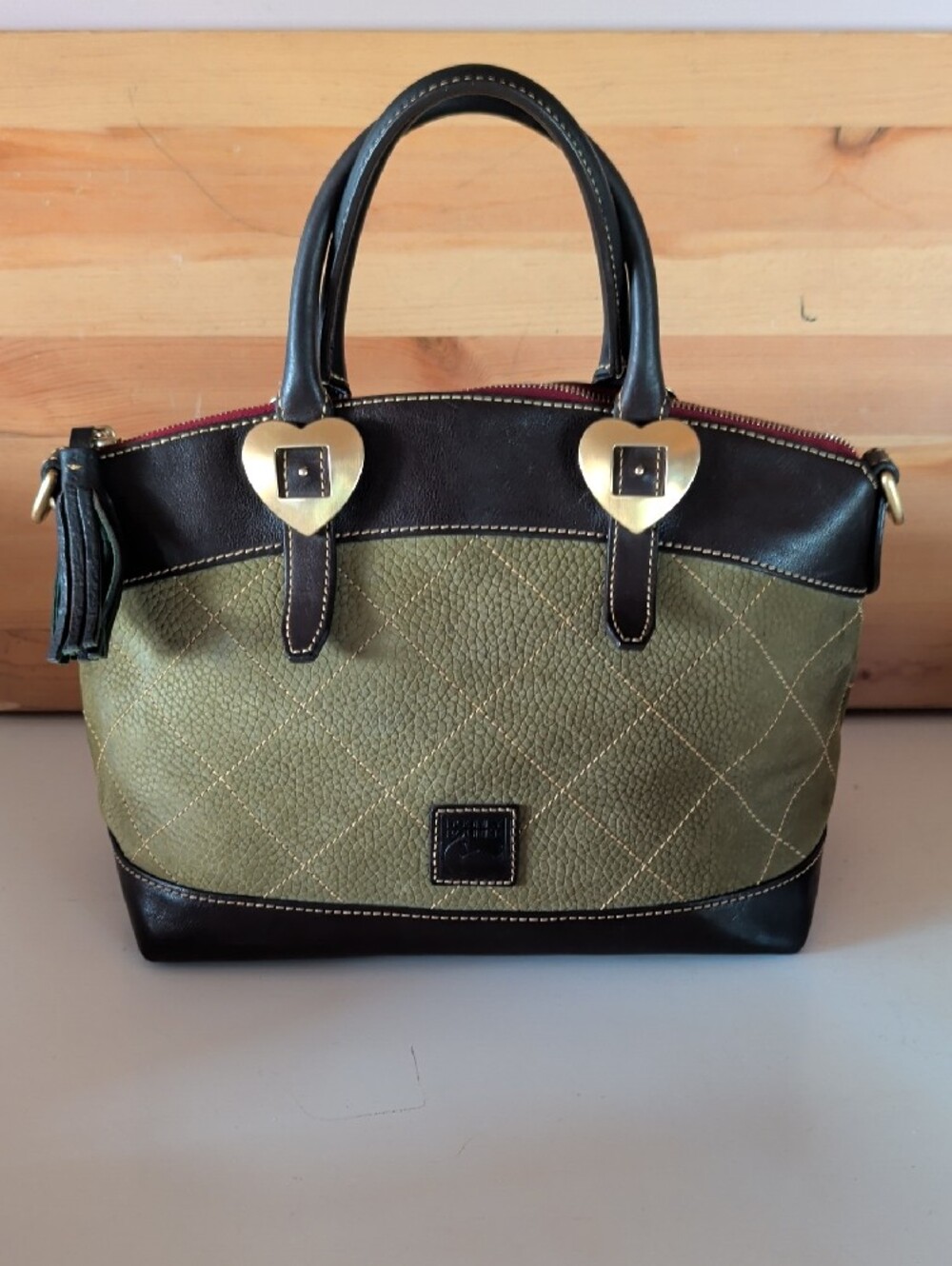 Dooney & Bourke Olive Green Quilted Satchel with Dark Brown Trim, No Strap.🌟🌟